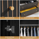 LEVNARY Arched Armoire Wardrobe Closet, Mid-Century Modern 2-Door Freestanding Wardrobe with Hanging Rod and 2 Drawers, Fluted Carved Clothing Storage Cabinet for Bedroom (Black) LEVNARY