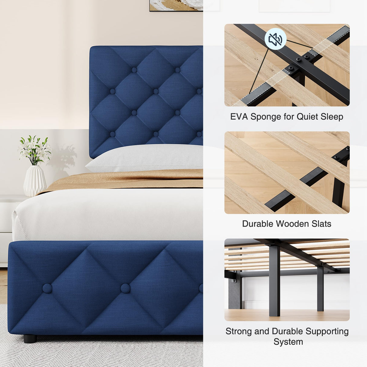 IDEALHOUSE King Size Bed Frame with 4 Storage Drawers and Adjustable Headboard, Linen Upholstered Platform Beds, Diamond Stitched Button Tufted, No Box Spring Needed, Blue IDEALHOUSE