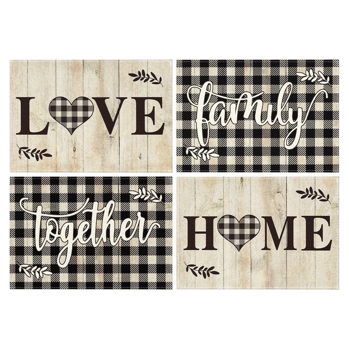 Artoid Mode Love Family Home Together Buffalo Plaid Placemats Set of 4, 12x18 Inch Farmhouse Table Mats Party Kitchen Dining Decoration Artoid Mode