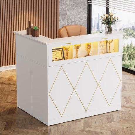 PAKASEPT Reception Desk with LED Lights, L-Shaped Modern Front Desk with Glass Display Shelf, Reception Counter Table for Lobbies, Salons, Retail, Home Offices (White) PAKASEPT