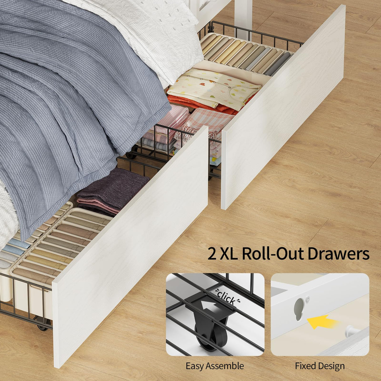 HAUOMS Bunk Bed with Desk, Twin Over Twin Metal Bunk Beds with Power Outlets, RGB LED Lights, 2 Larger Storage Drawers, Bed with Safety Guardrail & Ladders, No Box Spring Needed (White) HAUOMS