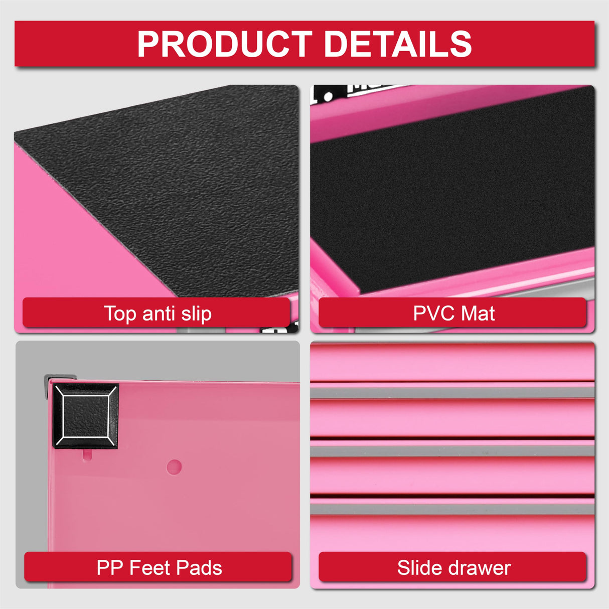 P.I.T. Mini Pink Tool Box, Portable 5-Drawer Micro Roll Cab Steel Tool Box with Liner, Pink Small Tool Case for Tools Storage, Home DIY P.I.T.