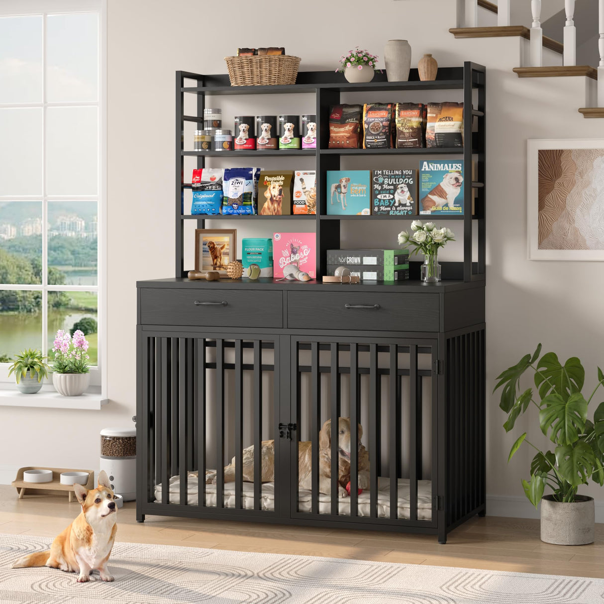 Keyluv 71''H x 47.2''W Large Dog Crate Furniture with 4-Tier Shelves and 2 Storage Drawers, Heavy Duty Dog Cage Furniture with 2 Doors, Wood & Metal Dog Kennel Indoor for Small/Medium/Large Dog, Black Keyluv
