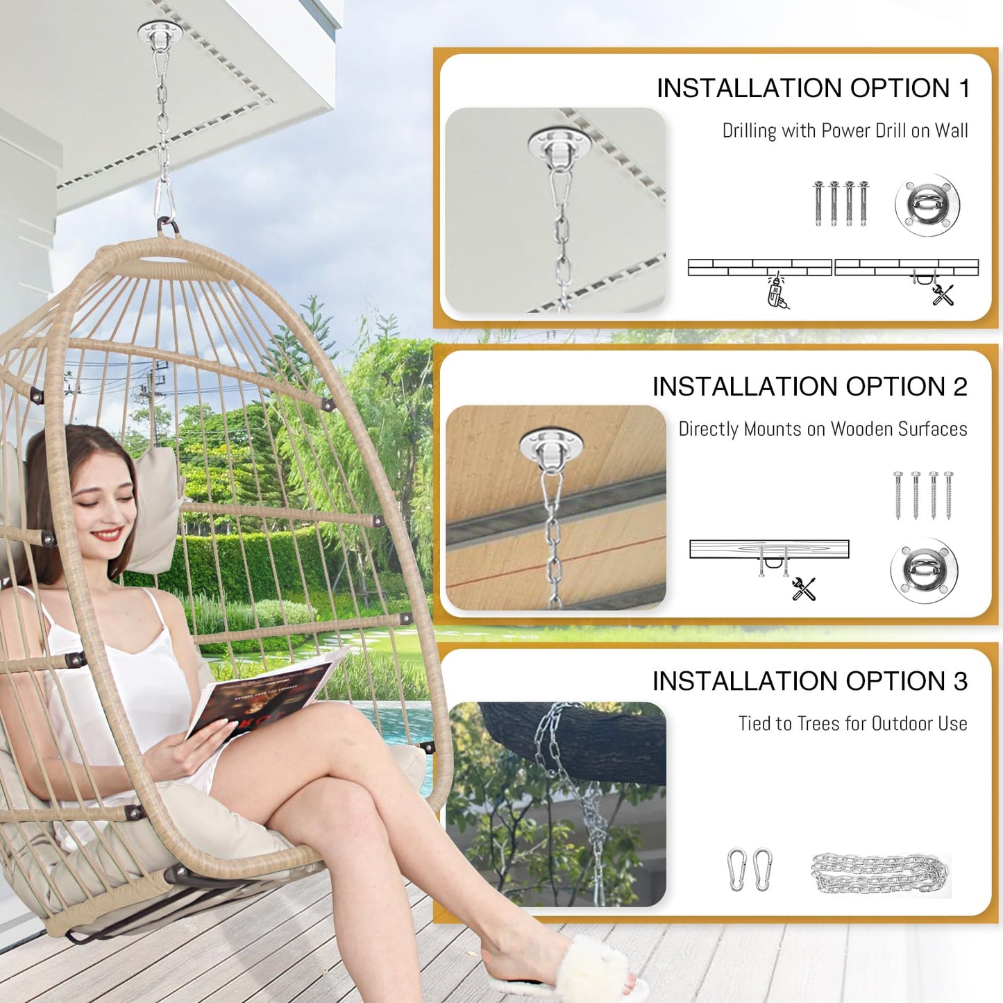 Swing Egg Chair Without Stand Indoor Outdoor Wicker Rattan Patio Basket Hanging Chair no Stand with UV Resistant Cushions 265lbs Capacity for Bedroom Balcony Patio (Beige) - WoodArtSupply