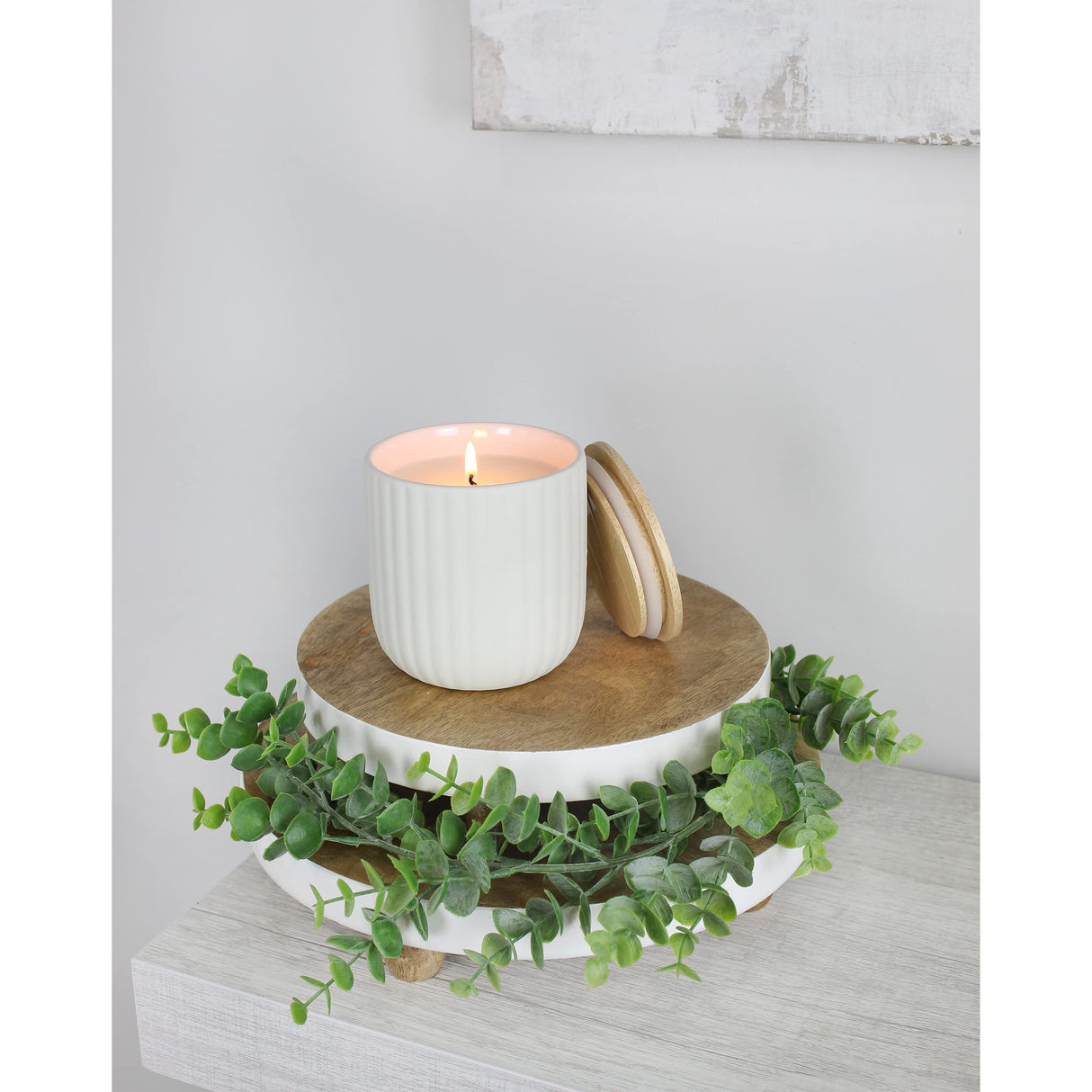 AuldHome Farmhouse Round Wooden Risers (Set of 2, White Trim), Rustic Decorative Risers for Display with Natural Mango Wood and Enamel Trim AuldHome Design