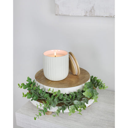 AuldHome Farmhouse Round Wooden Risers (Set of 2, White Trim), Rustic Decorative Risers for Display with Natural Mango Wood and Enamel Trim