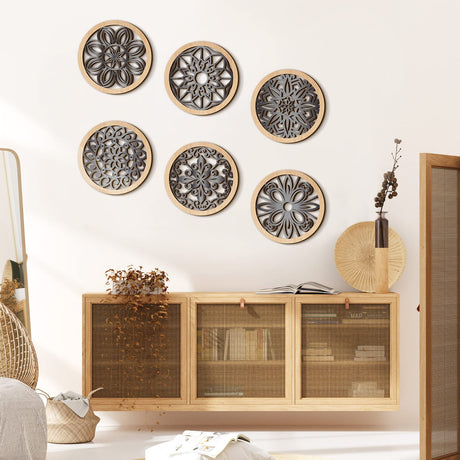 Ferraycle 6 Pieces Thicken Rustic Wall Decor Farmhouse Wall Art Decor Wooden Round Wall Art Rustic Hollow Carved Wall Art for Living Room Bedroom Kitchen Decor Small Size 9.8" x 9.8" (Wood Color) Ferraycle