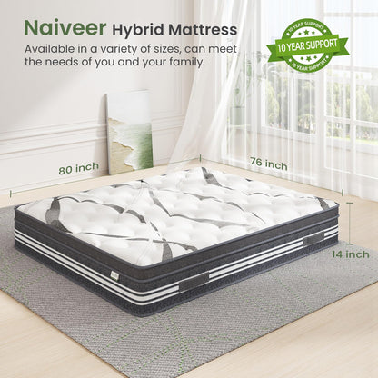 Naiveer King Size Mattress in a Box 14 Inch King Memory Foam Hybrid Mattress with Individually Wrapped Coils CertiPUR-US Certified Foam Medium Firm King Mattress for Back Pain & Overweight