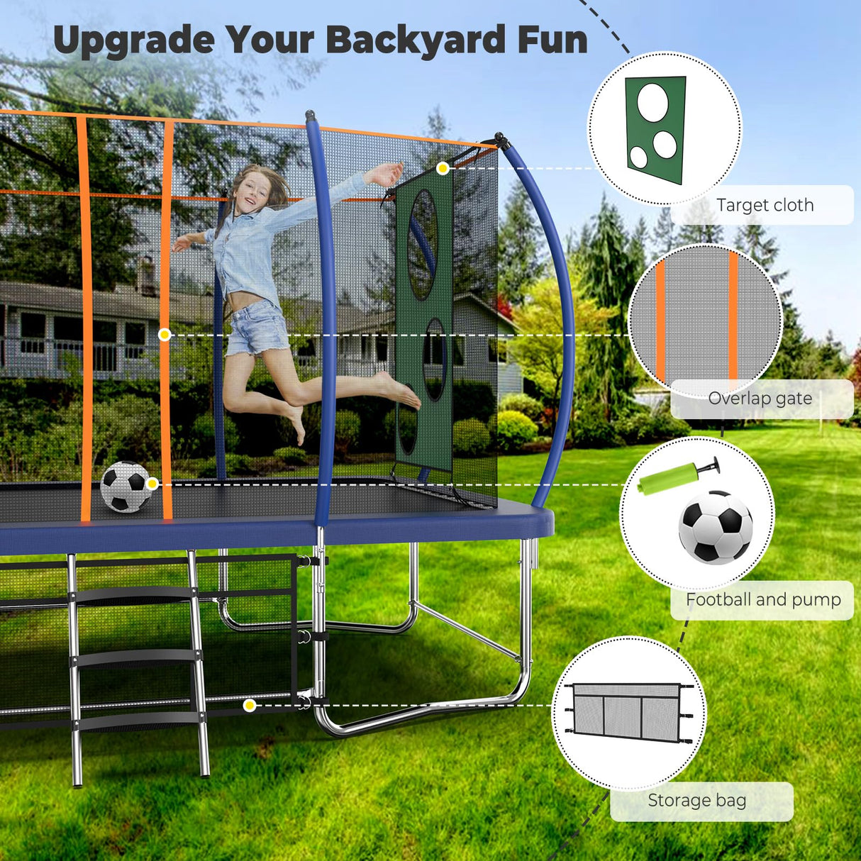 Lyromix 14FT Outdoor Rectangle Trampoline for Kids and Adults, Rectangular Trampoline with Curved Poles, Pumpkin Trampolin with Light, Sprinkler, Soccer and Storage Bag Lyromix