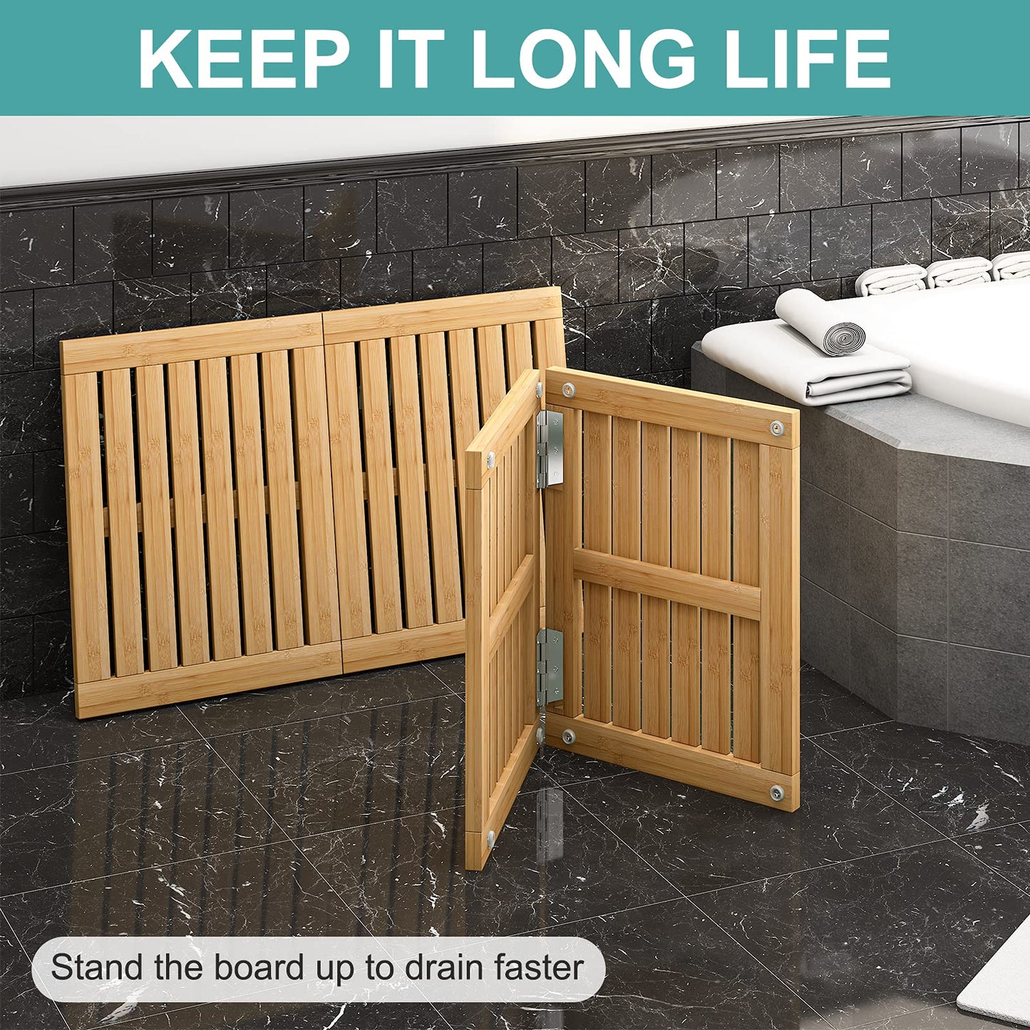 Waterproof Bamboo Bath Mat for Shower, Foldable | Non-Slip | Heavy Duty, Wooden Bath Mat, Floor Mat and Doormat for Indoor Outdoor, 23.4in x 15.6in - WoodArtSupply