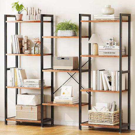 Casaottima Triple 4 Tier Bookshelf, Large Bookcase with 11 Open Display Shelves, Modern Industrial Book Shelves Book Case for Bedroom, Wide Standing Shelving Unit for Living Room Home Office, Vintage Casaottima