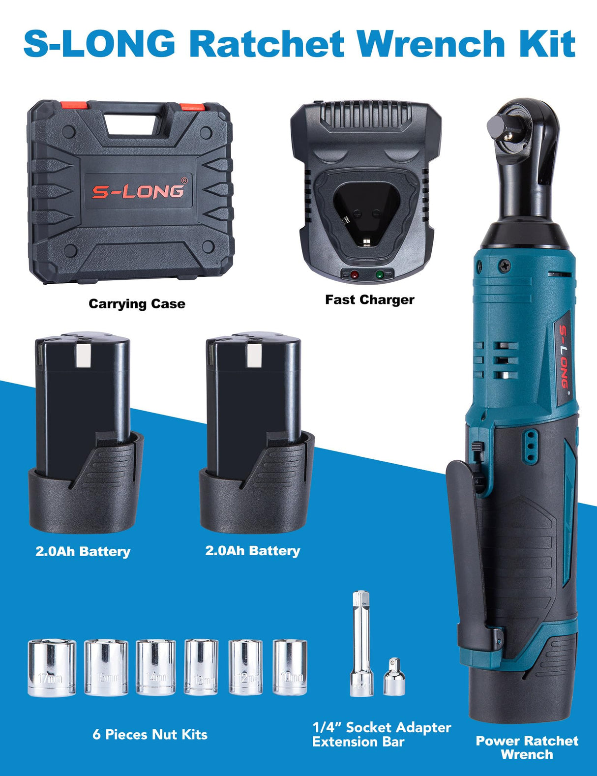 S-LONG Cordless Ratchet Wrench Set, 3/8" 400 RPM 12V Power Electric Ratchet Driver with 12 Sockets, Two 2000mAh Lithium-Ion Batteries and 60-Min Fast Charge S-LONG