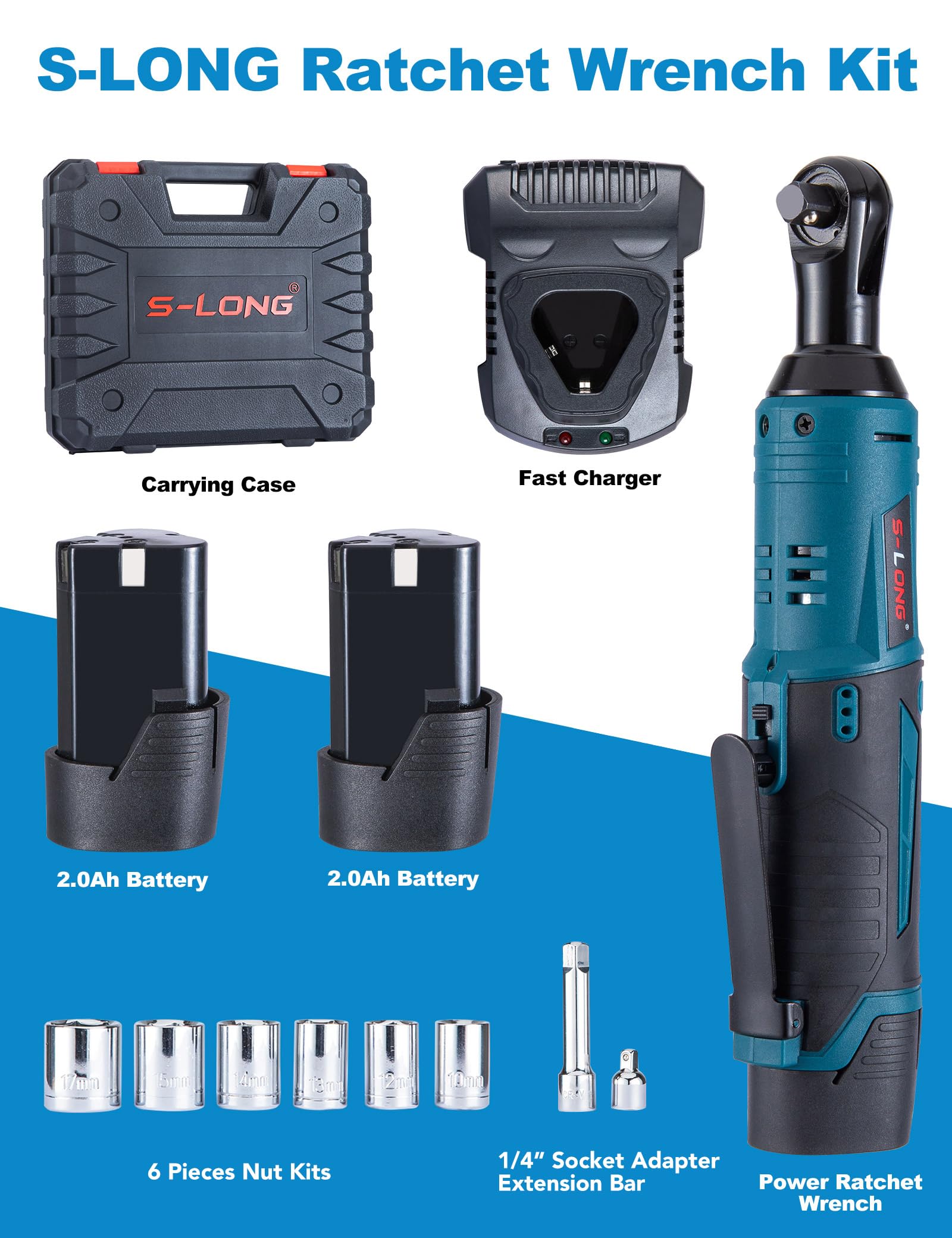 S-LONG Cordless Ratchet Wrench Set, 3/8" 400 RPM 12V Power Electric Ratchet Driver with 12 Sockets, Two 2000mAh Lithium-Ion Batteries and 60-Min Fast Charge - WoodArtSupply