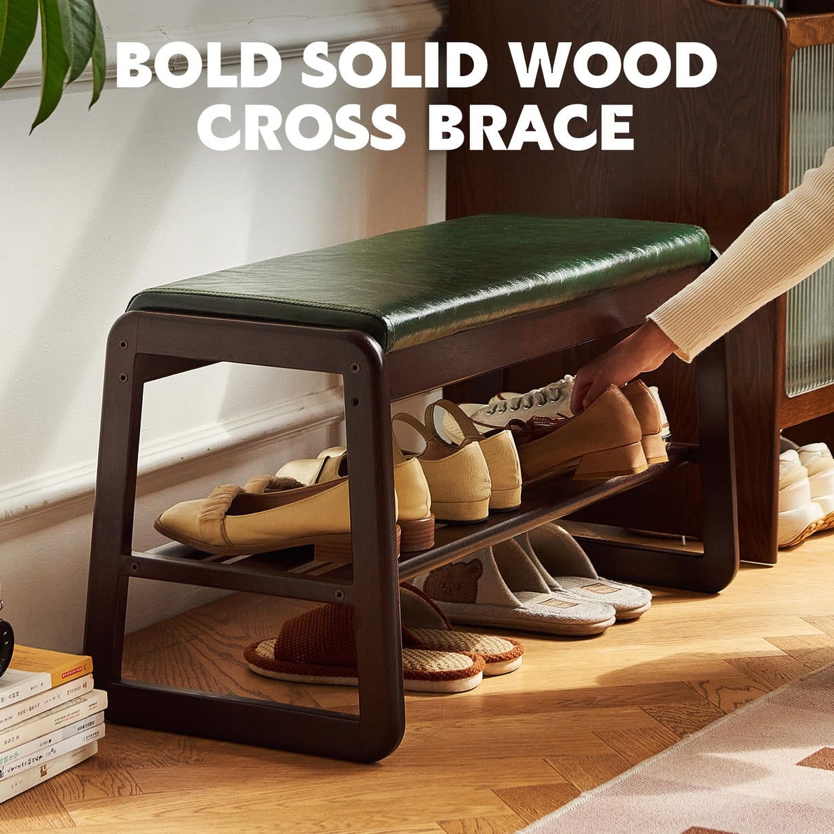 Solid Wood Shoe Bench, 2-Tier Wooden Storage Entryway Bench, Mid-Century Modern Shoe Bench Rack, End of Bed Bench with Faux Leather Cushion, Ottoman Bench for Hallway, Living Room (Walnut, 31.5'') Fetuero