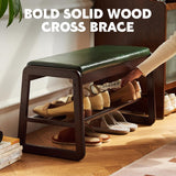 Solid Wood Shoe Bench, 2-Tier Wooden Storage Entryway Bench, Mid-Century Modern Shoe Bench Rack, End of Bed Bench with Faux Leather Cushion, Ottoman Bench for Hallway, Living Room (Walnut, 31.5'') Fetuero