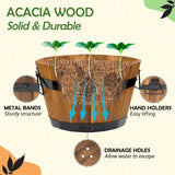 Idzo Set of 3 Wooden Flower Boxes Outdoor, Durable Acacia Wood Barrel Planters for Outdoor Plants with Ergonomic Handles, Drainage Holes, Multiple Sizes Wood Bucket Planter Light Brown IDZO