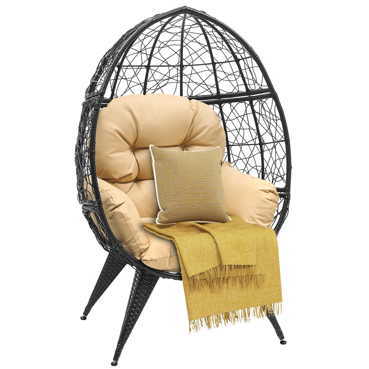 DWVO Egg Chair Patio Rattan Chair with Stand Anti-Slip All-Weather Poratble Adjustable Chair Feet Wicker Egg Lounger Chair for Indoor Outdoor 330LBS (Beige) DWVO