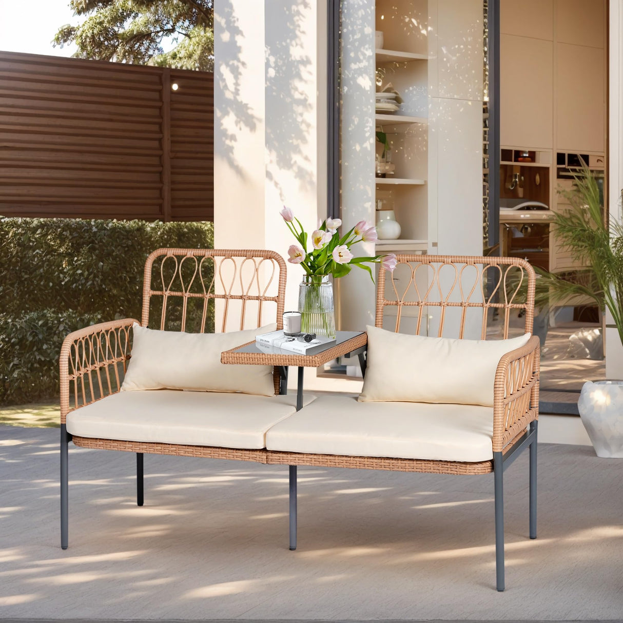 PROHIKER Patio Furniture Outdoor Rattan Loveseat 2-Seat with Built-in Table, Lumbar Pillows and Cushions, All-Weather Wicker Loveseat Porch Chairs for Balcony, Lawn, Backyard PROHIKER