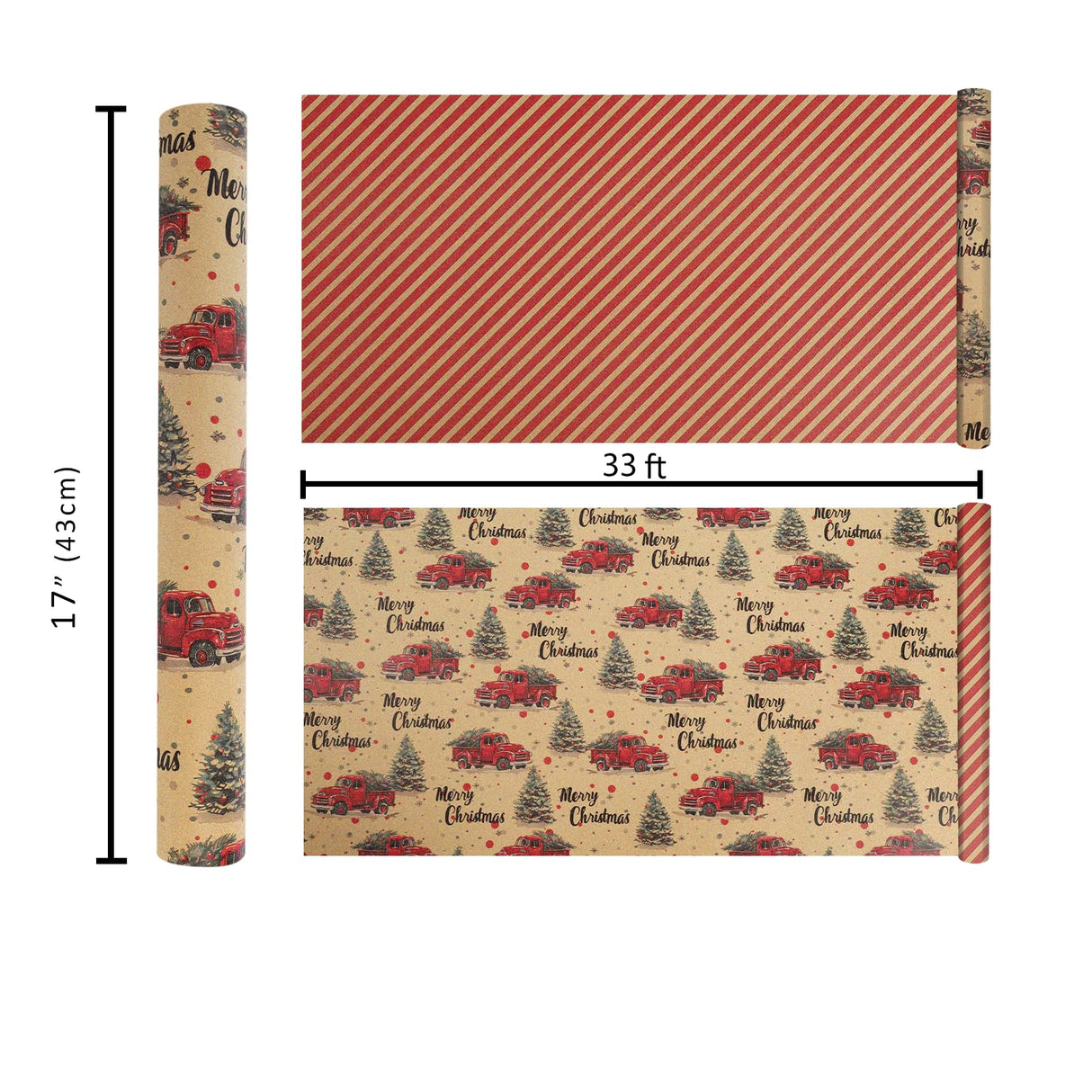 BIOBROWN Reversible Kraft Christmas Wrapping Paper - 17 Inch X 33 Feet (46.7 sq. ft. ttl.) - Vintage Trucks Design Perfect for Xmas, Party, Holiday Gift Wrap BIOBROWN