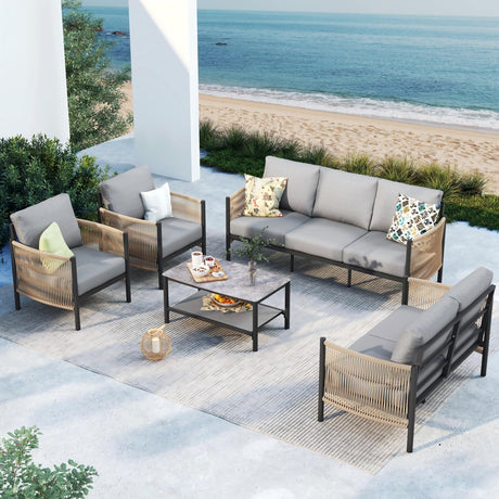 Oasbira Aluminum Outdoor Patio Furniture Set, HDPE Rope 5 Piece Modern Sectional Conversation Sets with Dual-Layer Coffee Table, All Weather Patio Couch Sofa with Thick Cushions, Gray Frame, Gray Oasbira