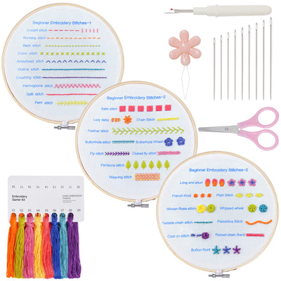 Lystaii Beginners Embroidery Stitch Practice kit, 3 Sets Embroidery Kit for Beginners to Learn 30 Different Stitches for Craft Lover Easy to Follow with Instructions Embroidery Skill Techniques