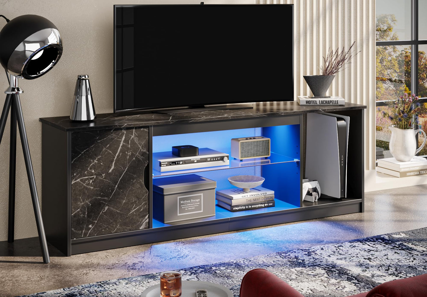 Bestier Led Entertainment Center for PS5,Xbox,Gaming TV Stand with Cabinet for 60/65 Inch TV, Modern TV Console with Adjustable Glass Shelf for Living Room Easy Assembly Black Marble