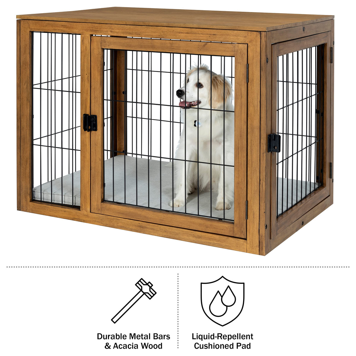 Furniture-Style Dog Crate - Acacia Wood Kennel for Large Dogs with Double Doors and Cushion - Dog Kennel Furniture by PETMAKER (Natural) PETMAKER