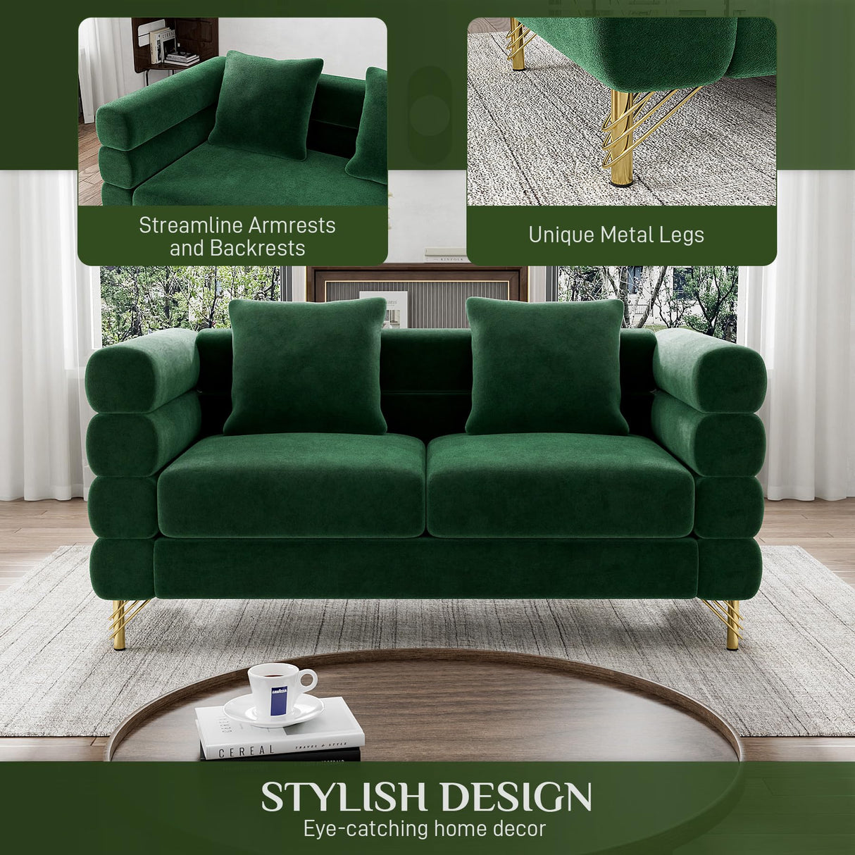 Wrofly Cloud Couch for Living Room, 59" Modern Overstuffed Deep Seat Velvet Loveseat Sofa with 2 Pillows, Comfy Upholstered 2 Seater Love Seat for Bedroom Office, Emerald Green Velvet Wrofly