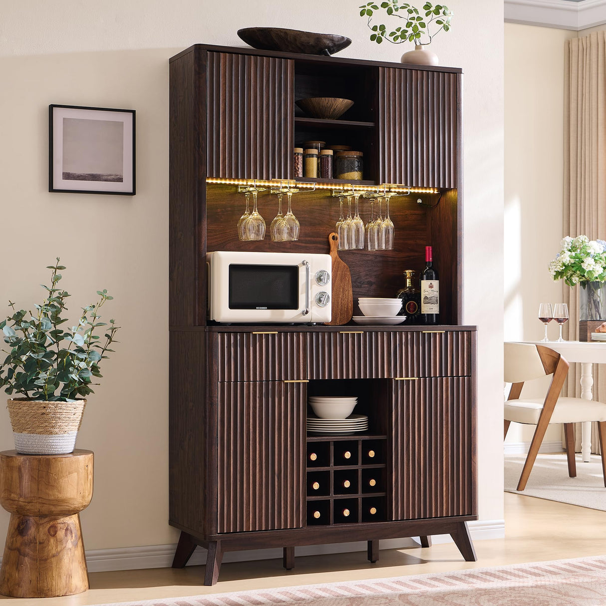 OKD 72" Tall Wine Bar Cabinet with Storage Hutch, Modern Wood Fluted Coffee Bar Cabinet with LED Lights and 10 Tier Storage Shelf & 9 Grid Wine Glass Rack for Home Dining Room Kitchen (Dark Walnut) OKD