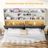 YUMPIE King Bed Frame with Bookcase Headboard, Farmhouse Upholstered Platform Bed with 4 Storage Drawers, LED Bed with Charging Station, Wood Slats Support, No Box Spring Needed, Distressed White YUMPIE