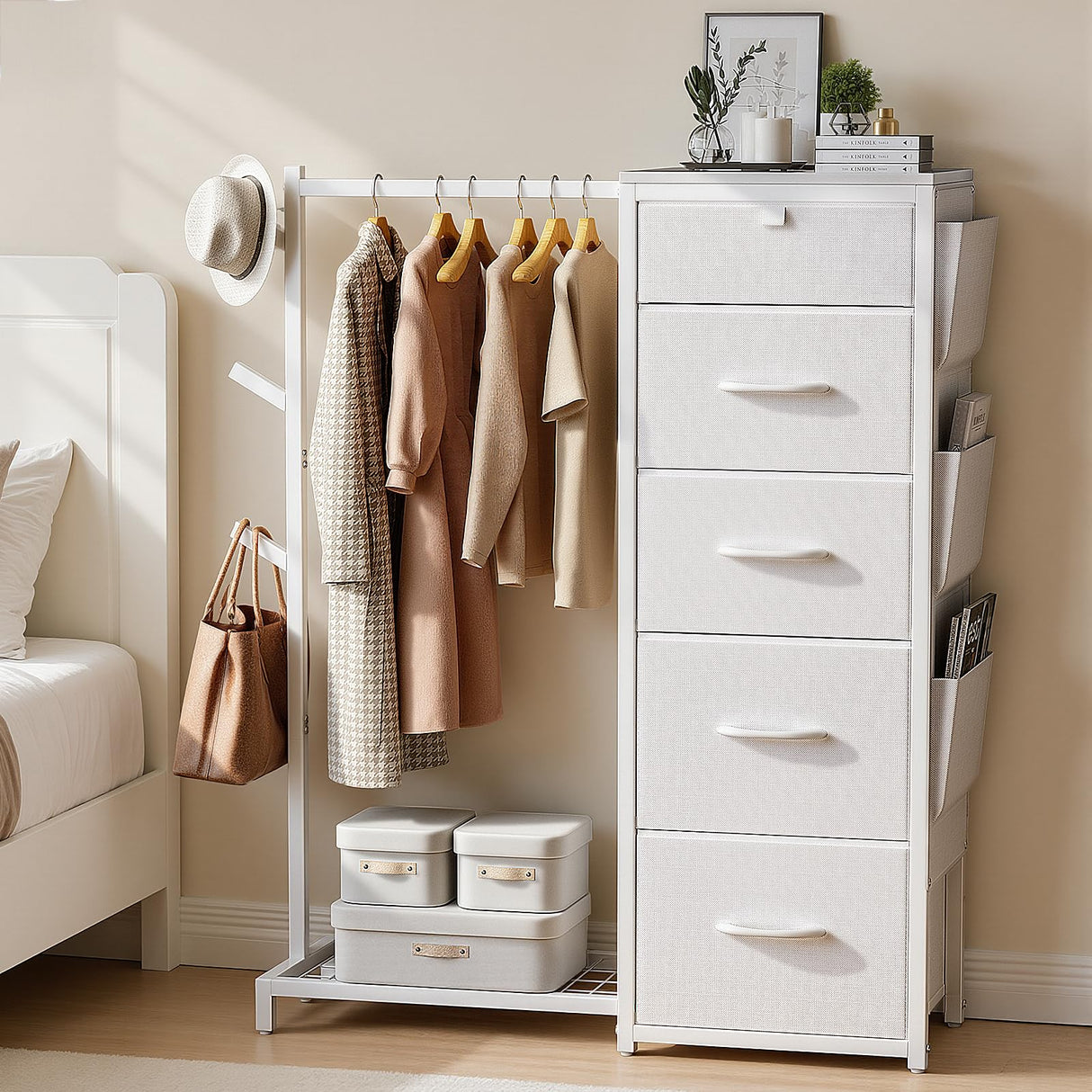 Luxspire Dresser with Hanging Rack, Reversible Dresser for Bedroom with 5 Fabric Drawers & 3 Coat Racks & Side Pockets Small Dressers with Clothes Racks, White Luxspire