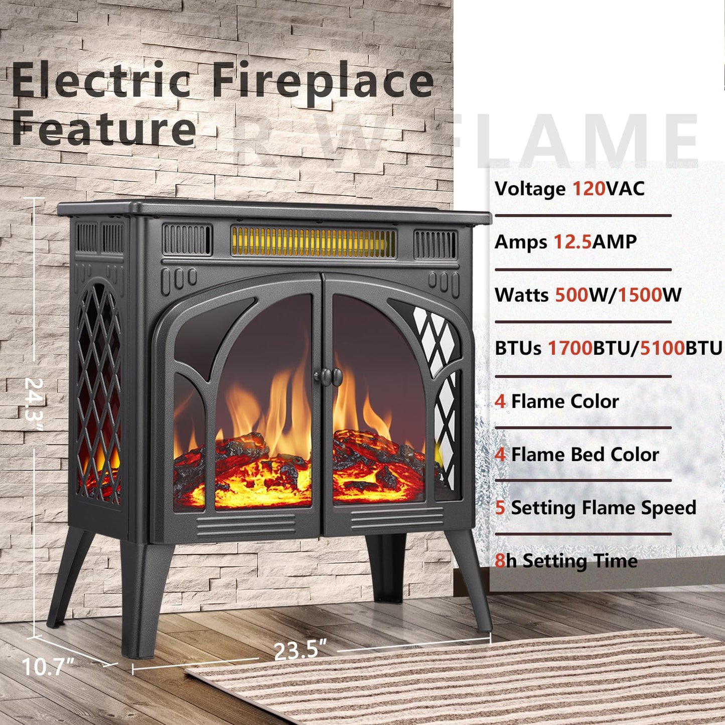 R.W.FLAME Electric Fireplace Stove Heater with Remote Control, 25" Fireplace Heater, Adjustable Brightness and Heating Mode, Overheating Safe Design,Flame Work with or Without Heat