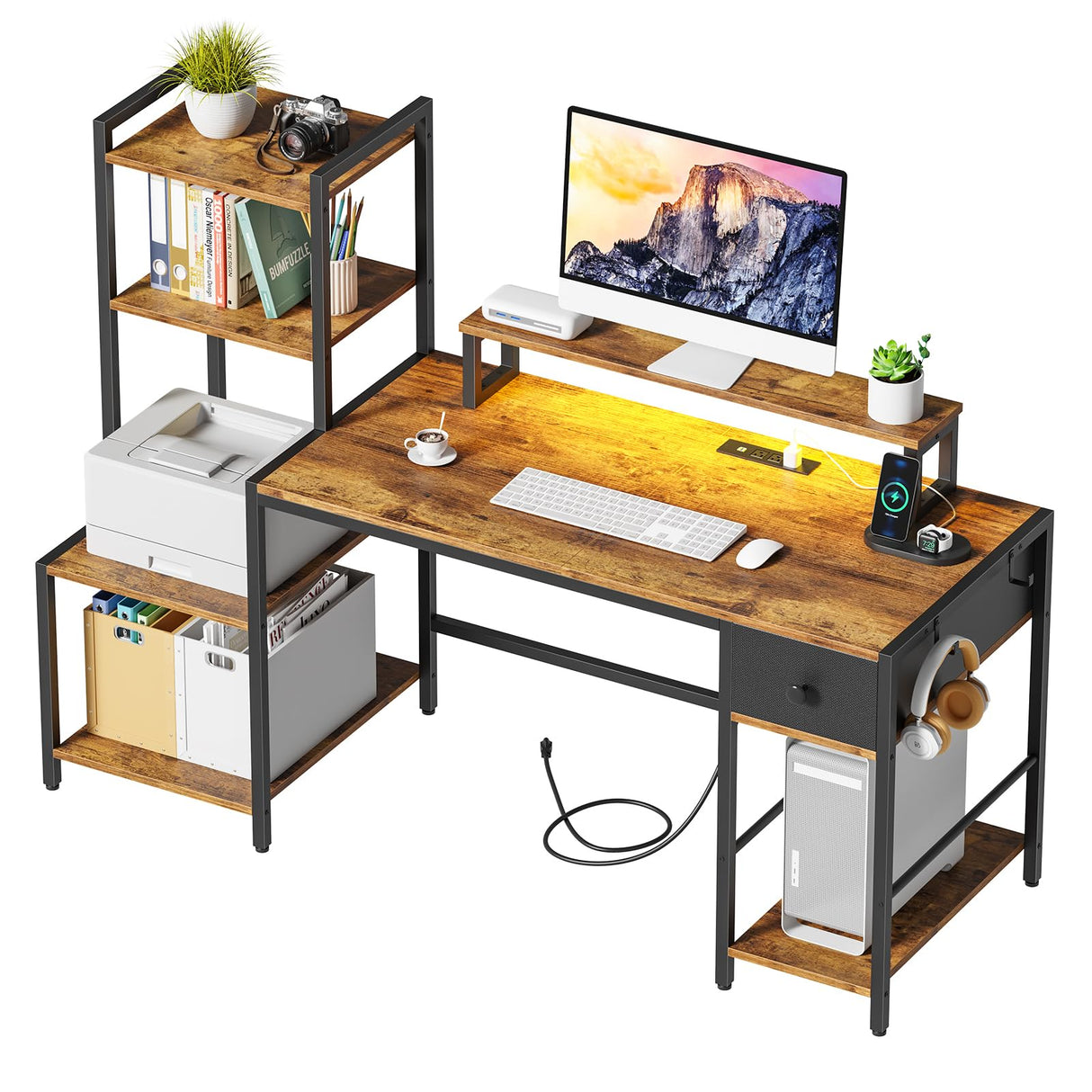 Creso hom Computer Desk with Printer Stand, 59" Office Table with Charging Station, Home Office Desk with LED and Monitor Stand, Reversible Desk for Study Writing Working Gaming, Rustic Brown Creso hom