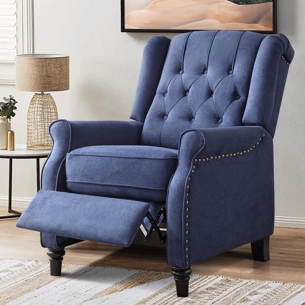 Wingback Pushback Recliner Chair, High Back Upholstered Armchair with Solid Wood Legs, Rivet Decoration, Blue Bonzy Home
