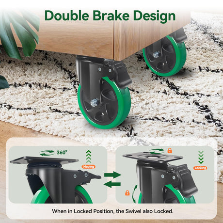 5 Inch Caster Wheels, Casters Set of 4 Heavy Duty, BZOLIHEU Locking Casters, Silent Top Plate Swivel Casters with Brake, Polyurethane Castor Wheels for Furniture and Workbench Cart, Green BZOLIHEU