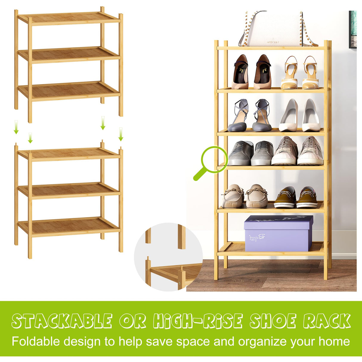 BMOSU 3-Tier Bamboo Small Shoe Rack Premium Stackable Shoe Shelf Storage Organizer for Hallway Closet Living Room Entryway Organizer(Natural) BMOSU