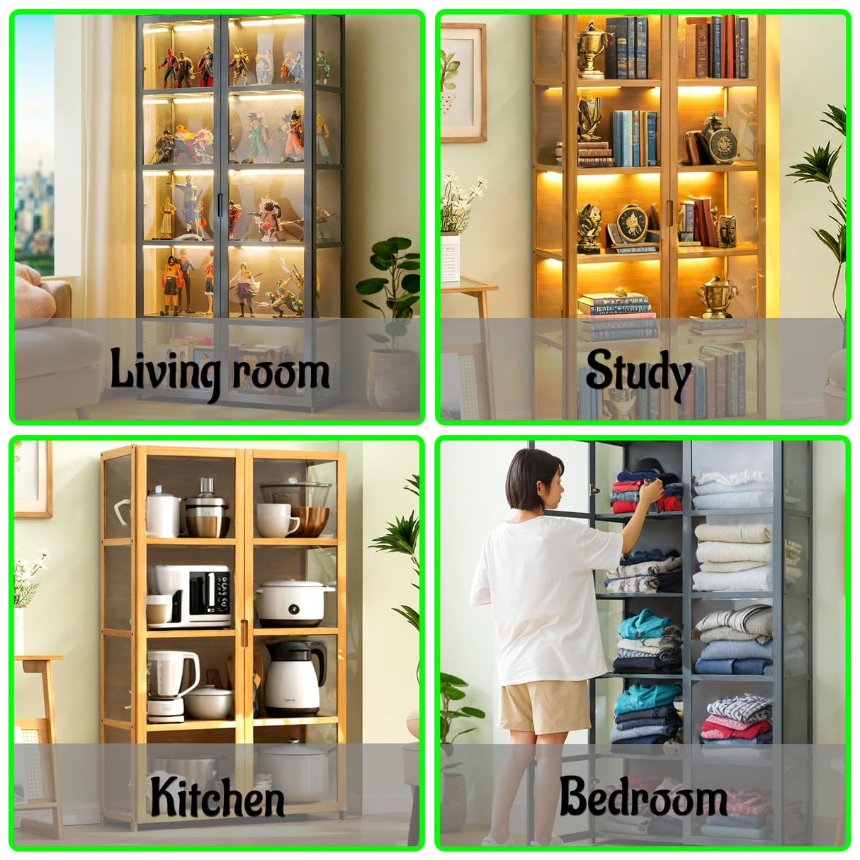 Curio Display Cabinet Small with Acrylic Doors for Collectibles Transparent Display Case for Figures Wood Storage Cabinet for Bedroom Toy Organizers Rack Kids Bookcase,Brown,4 Tier_Double Door NENAGGE