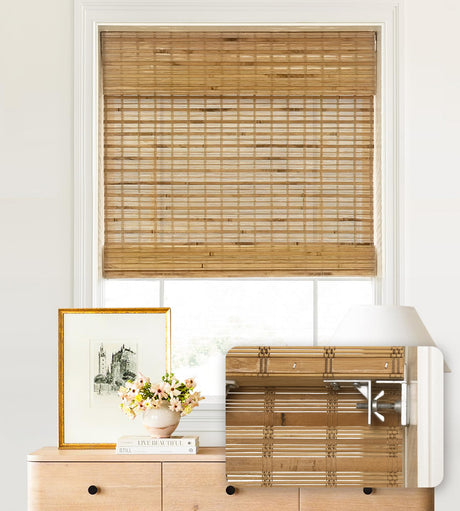 LazBlinds No Tools No Drill Cordless Bamboo Roman Shades, Light Filtering Window Treatment, Roll Up Bamboo Blinds for Window 25'' W x 64'' H, Dali Native LazBlinds