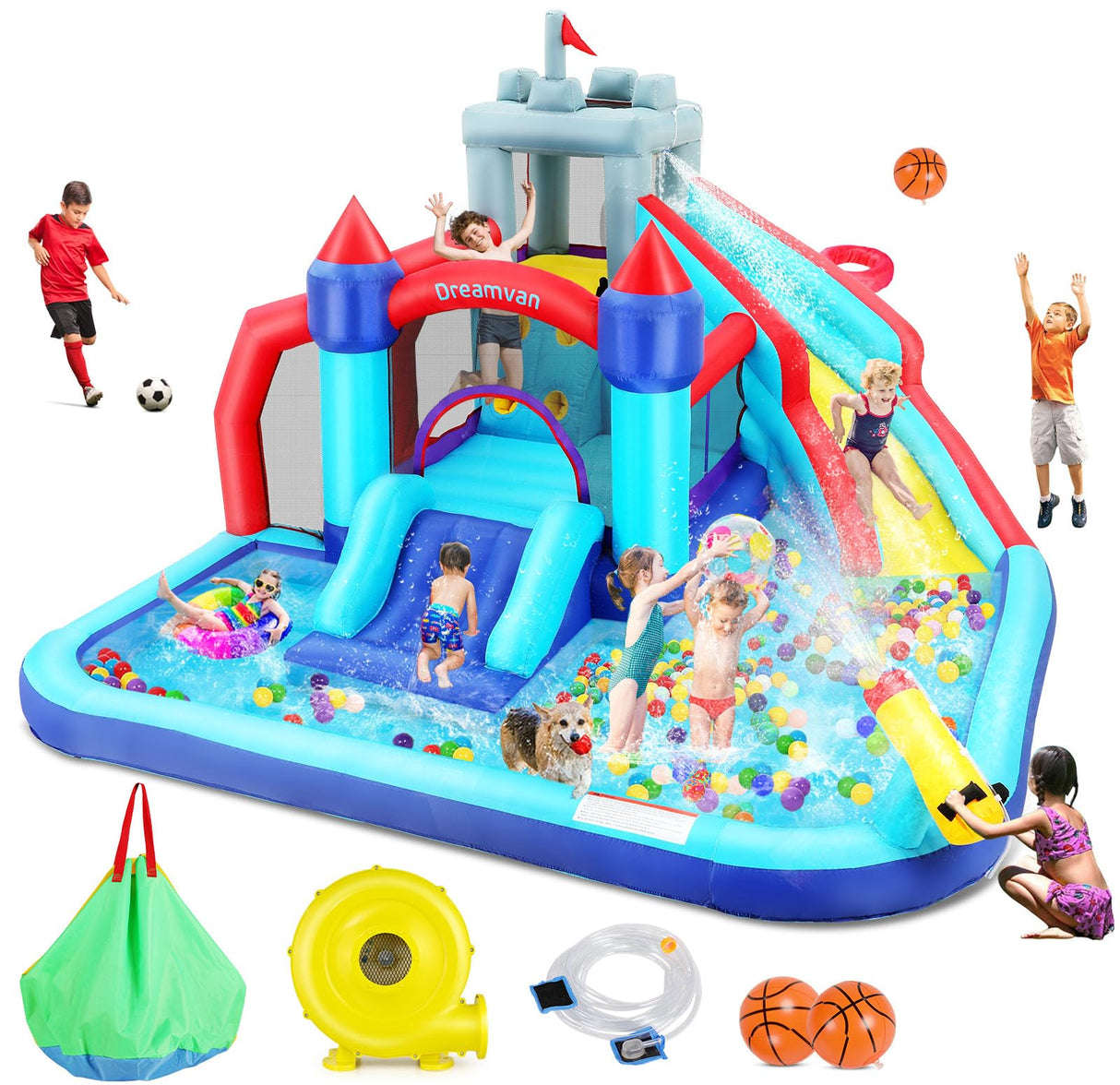 Wesoky Bounce House Water Slide for Kids, 10 in 1 Big Waterslide Inflatable Water Park with Splash Pool Long Slide Sprinkler Blower, Blow up Water Slides Bounce House for Kids Backyard Bouncy Castle Wesoky