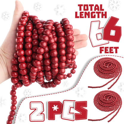 Giegxin 2 Pcs 66 Feet in Total Christmas Wooden Bead Garland Decor Christmas Tree Decorations Handmade Christmas Garland Boho Farmhouse Garland Wood Garland for Christmas Holiday Favors (Red)