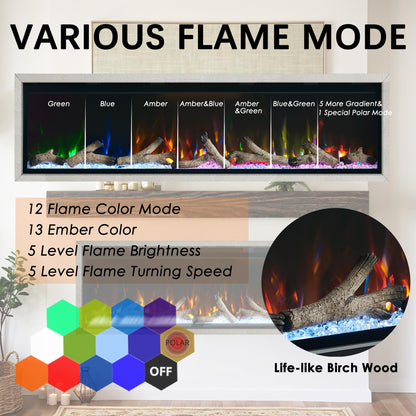 Unineo 60 Inch Electric Fireplace w/Aluminum Frame, Hidden Air Vents Design, Recessed and Wall Mounted Fireplace Heater w/Thermostat, 12×13×5 Realistic Flame, Visual Remote, Log and Crystal, Siliver