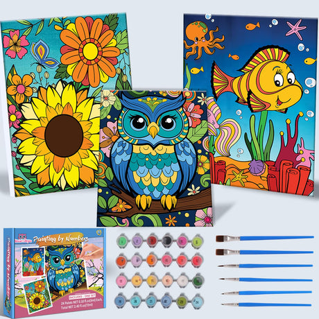 Kids Paint By Number Kits Age 8-12, 3 Pack 8x10 Inch Framed Canvas With 24x3ml Acrylic Pots, 6 Brushes, Painting Kits For Kids, Crafty By Numbers With Paint, 6-10 Year Old Girl Christmas Gift Jovial & Joyful