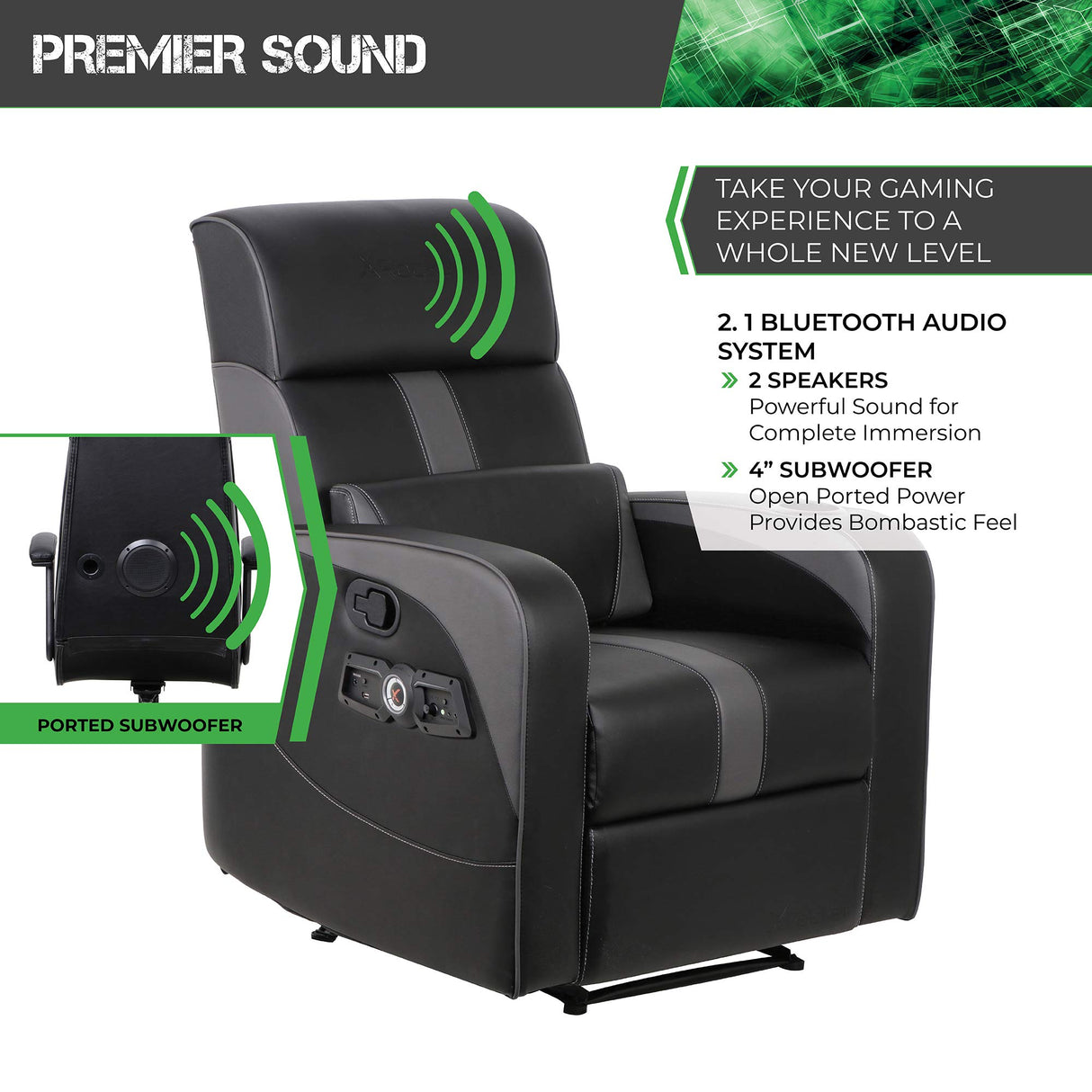 X Rocker Gamma Recliner Gaming Chair, 2.1 Bluetooth Audio System, Headrest Mounted Speakers, Built-in Footrest and Cupholder, 718001, 34.84" x 39.37" x 30.31", Black X Rocker