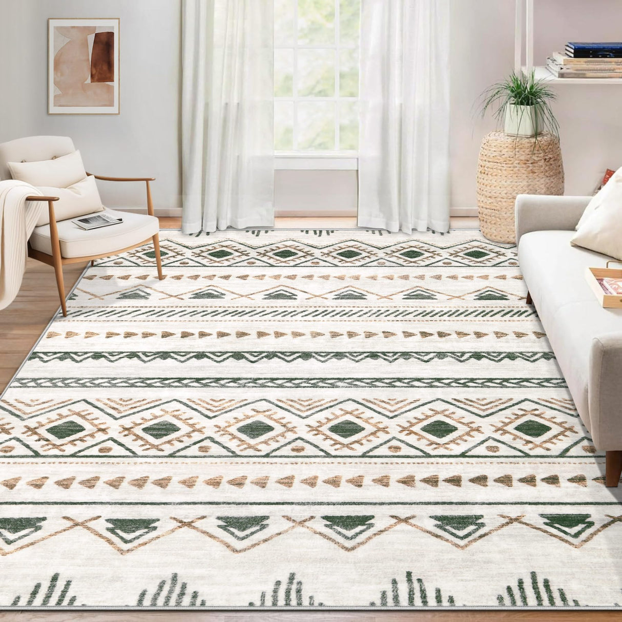 Area Rug for Living Room 9x12: Large Washable Boho Moroccan Rugs Geometric Neutral Rug, Non-Slip Foldable Morden Farmhouse Indoor Floor Carpet for Bedroom Dining Table Home(Brown Green,9'x12') Aoyaomi