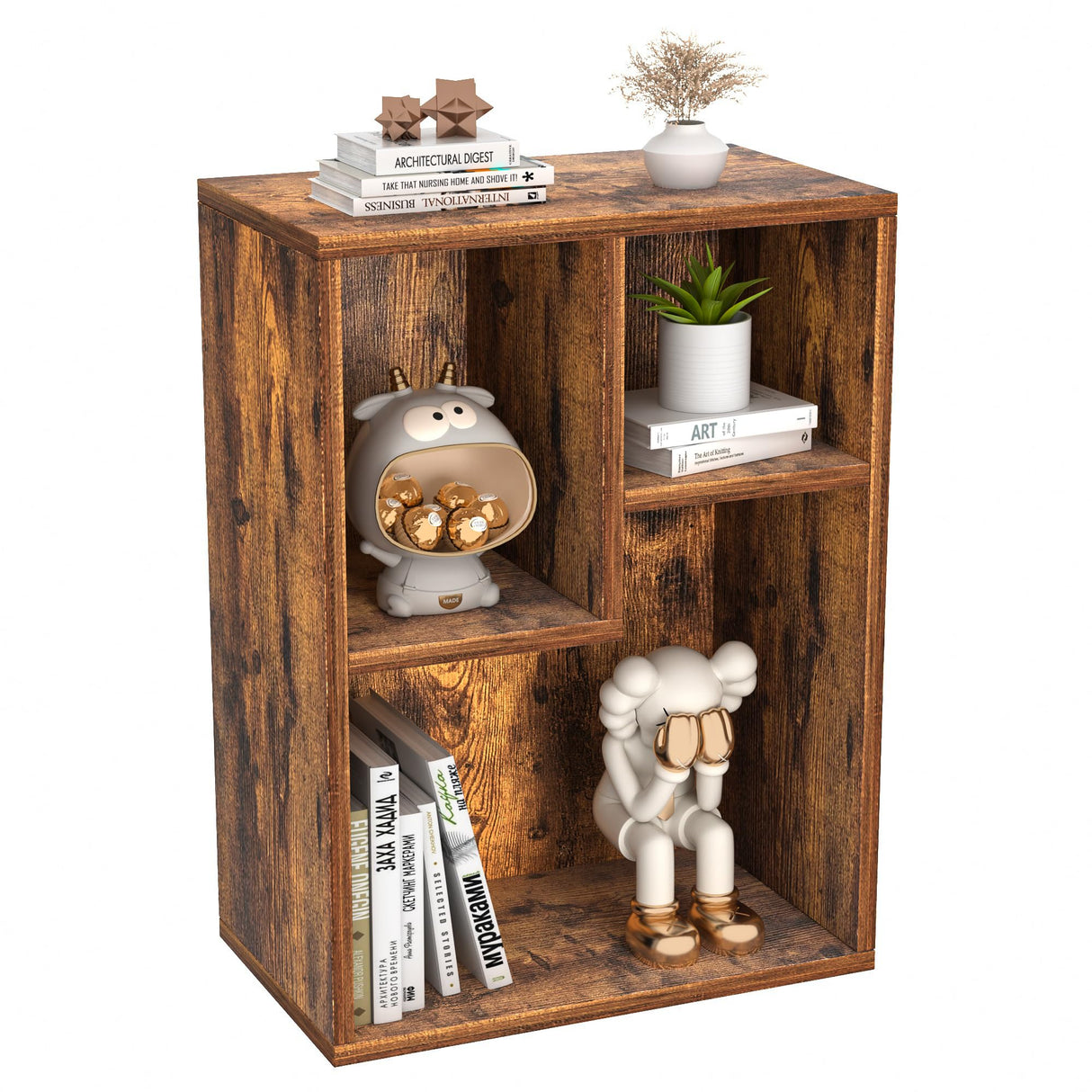 VECELO 3-Cube Small Bookshelf, Modern Bookcases with Shelves Height Up to 12.8 Inches, Suit for Common Size Textbook, Vertical or Horizontal, Cubby Storage Organizer,Rustic Brown VECELO