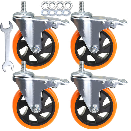 Stem Casters Heavy Duty Swivel Threaded Stem Caster Wheels with American Size 1/2''-13x1'' Thread Dual Locking Wheel with Brakes Pack of 4 (5 inch, with Brake) AOCHENLY