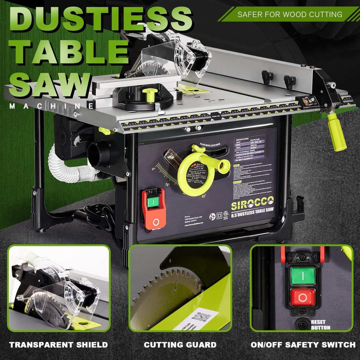 SIROCCO Dustless Table Saw 8.5" for Jobsites, Portable 98.5% Dust Collection Rate Cutting Speed Up to 4500RPM, 60T Blades (Standard) SIROCCO