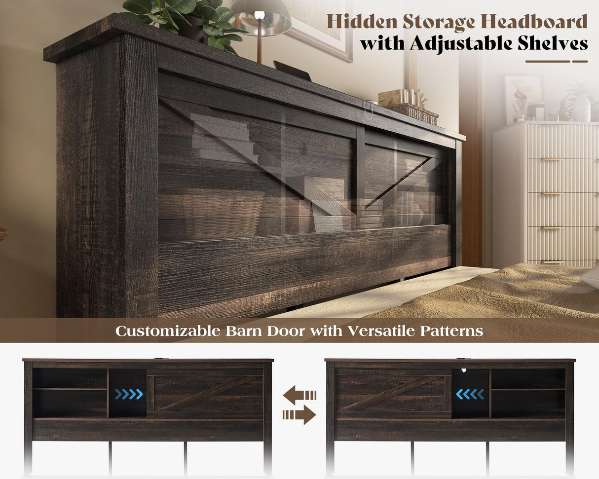 AMERLIFE 47.2" H King Bed Frame with Hidden Space Bookcase Headboard and Charging Station, Beds with 2 Storage Drawers and Wood Slats, No Box Spring Needed, Dark Oak AMERLIFE