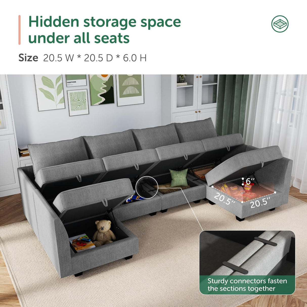 HONBAY Oversized Modular Sectional Sofa Modern Fabric Sectional Couch with Reversible Chaise U Shaped Modular Sofa Set Sleeper Sectional Couch with Stoarge Seats in Grey HONBAY