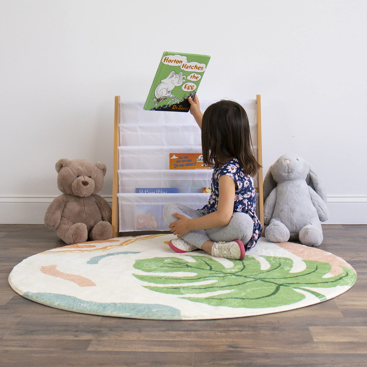 Humble Crew 4-Tier Toddler Bookshelf in Natural Wood/White with Deep Fabric Sleeves Humble Crew